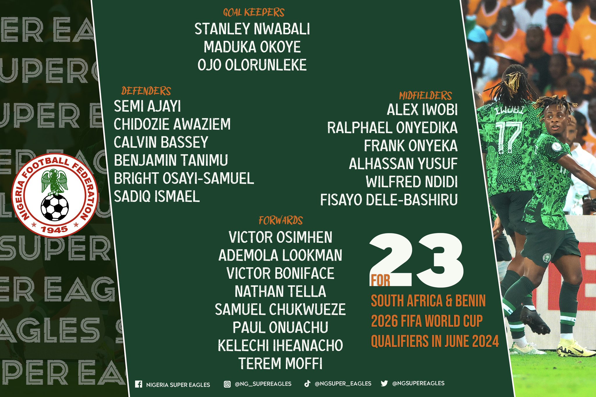 Super Eagles Head Coach Finidi George Names 23-Man Squad for 2026 FIFA World Cup Qualifiers